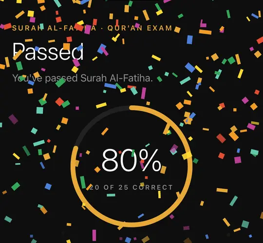 Exam result in the app: Passed, 80%, with confetti