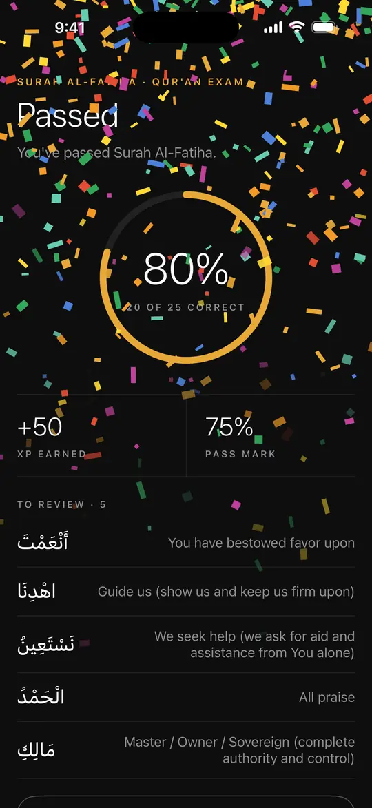An exam result with confetti: Passed, 80%, 20 of 25 correct, 75% pass mark