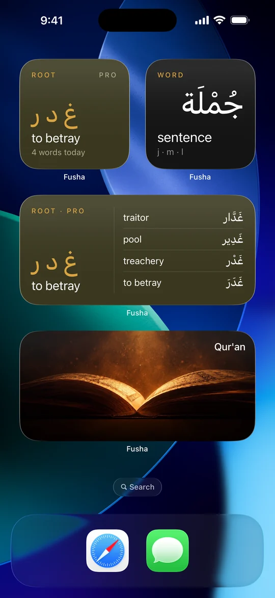 An iPhone Home Screen with Fusha widgets: Root of the Day for غ د ر, small and medium with four words from its family, Word of the Day showing جُمْلَة, sentence, and the Qur'an Home card