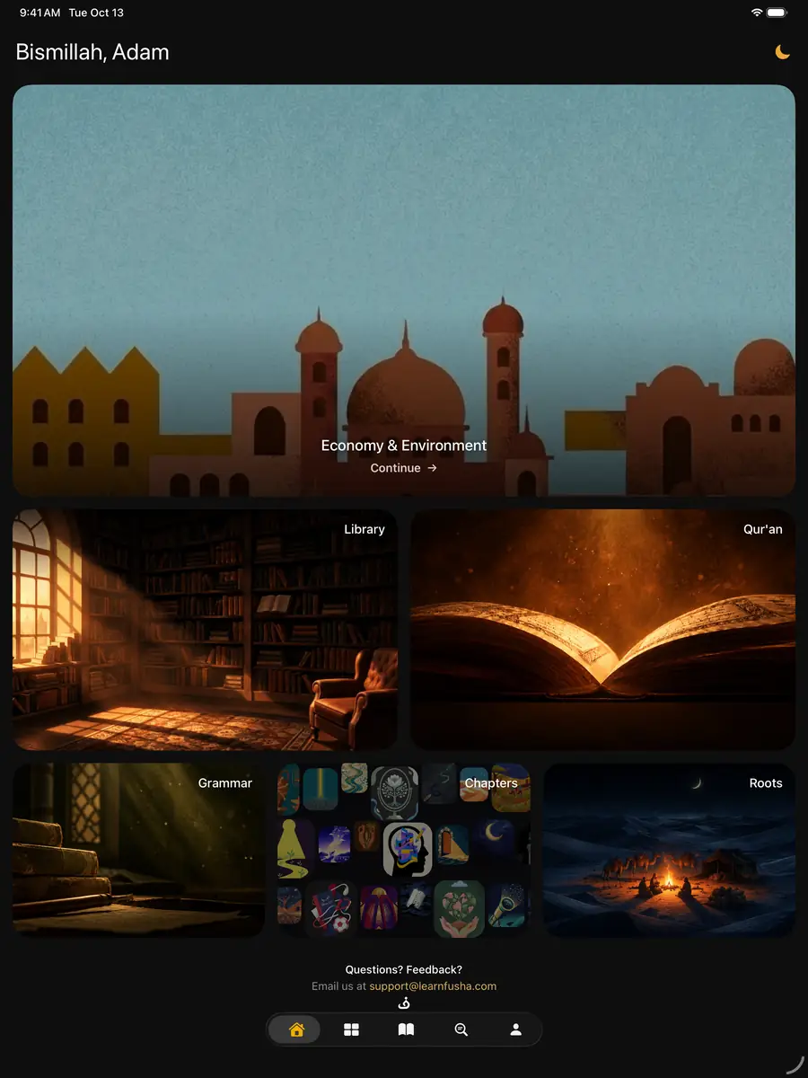 Fusha home screen on iPad with cards for Library, Chapters, Roots, Qur'an and Grammar