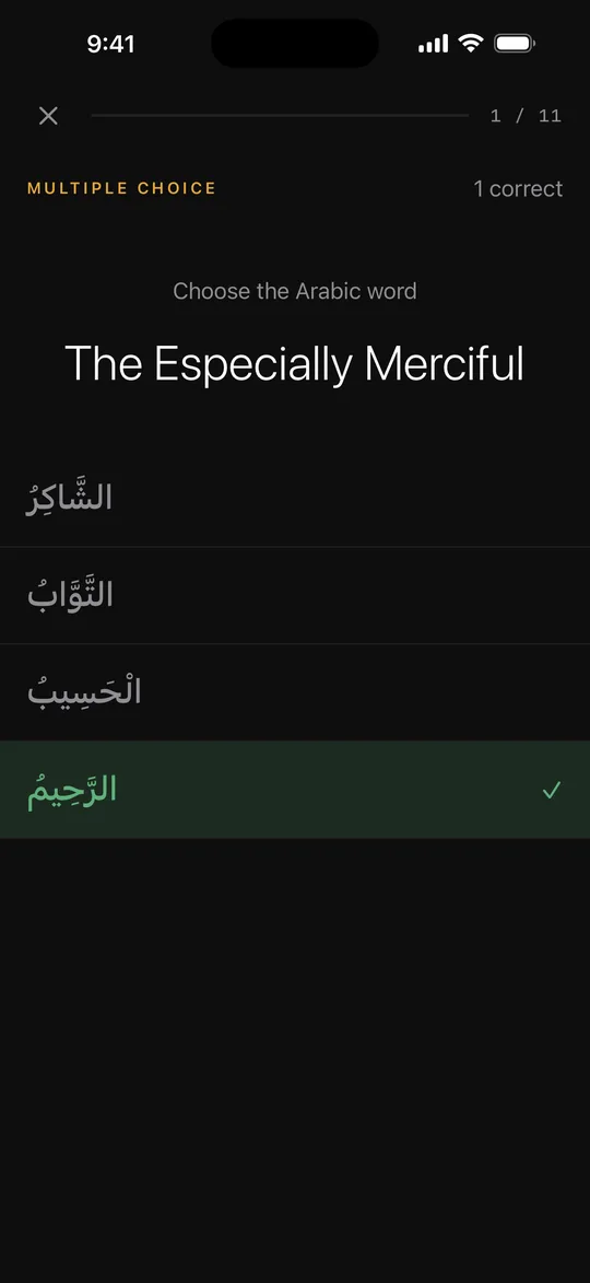 A 99 Names quiz question: The Especially Merciful, with الرَّحِيم picked and marked correct in green