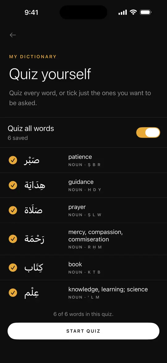The Quiz yourself screen for saved words