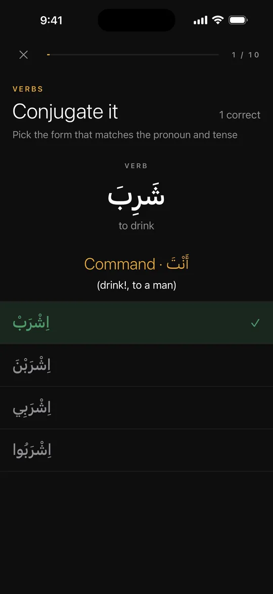A Verbs practice question: the command of شَرِبَ, to drink, for أَنْتَ, with the right answer اِشْرَبْ marked green